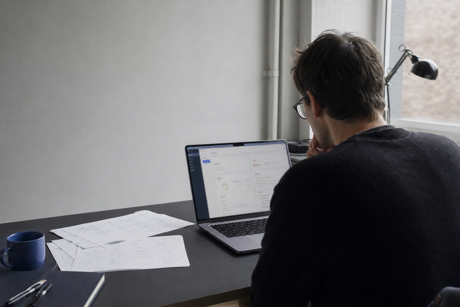 A bootstrapped founder reviewing application risks at a laptop